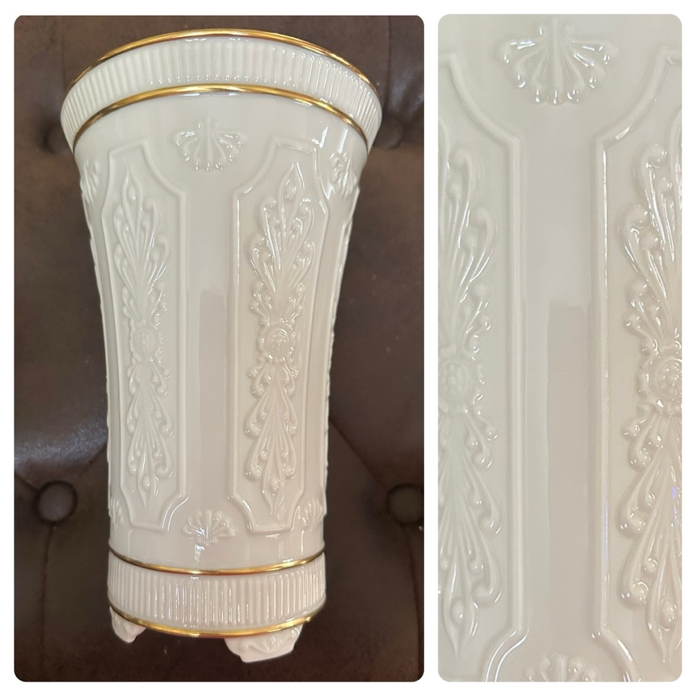 Lenox Cream Porcelain Embossed Footed Vase with Gold Trim